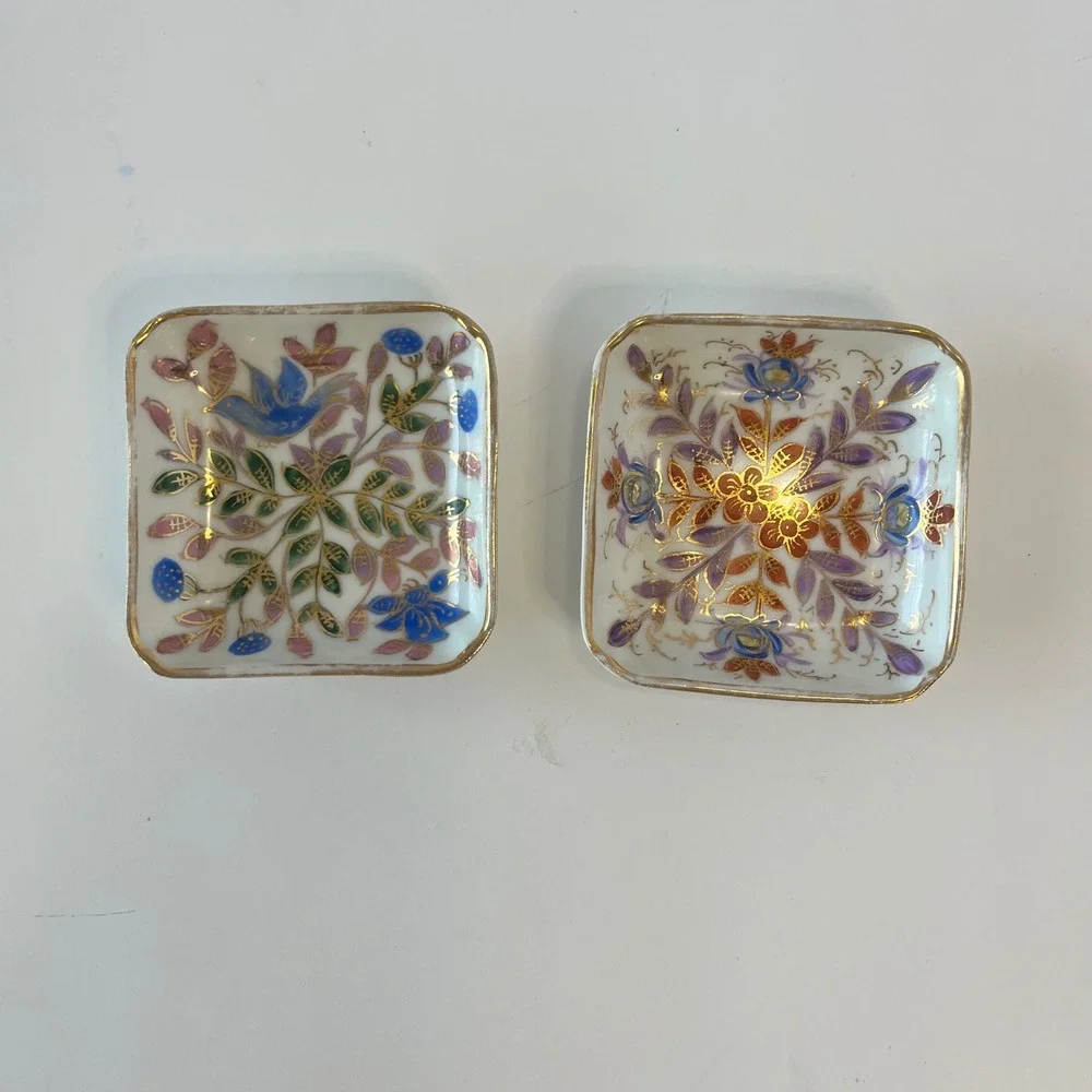 Vintage Porcelain Trinket Dish Set Bird Floral Gold Gilt Square Ring Trays 2pc